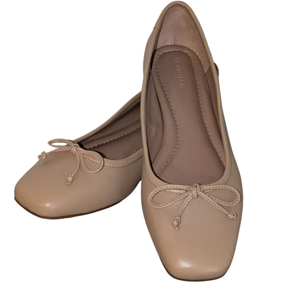 Nordstrom Ashton-Lea Beige Leather Square Toe Ballet Bow Flats 8.5M NEW